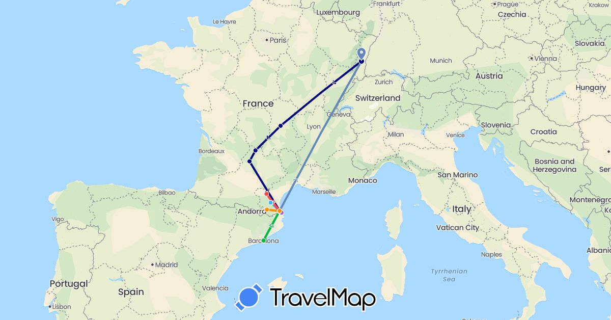 TravelMap itinerary: driving, bus, cycling, train, hiking, boat, hitchhiking in Spain, France (Europe)